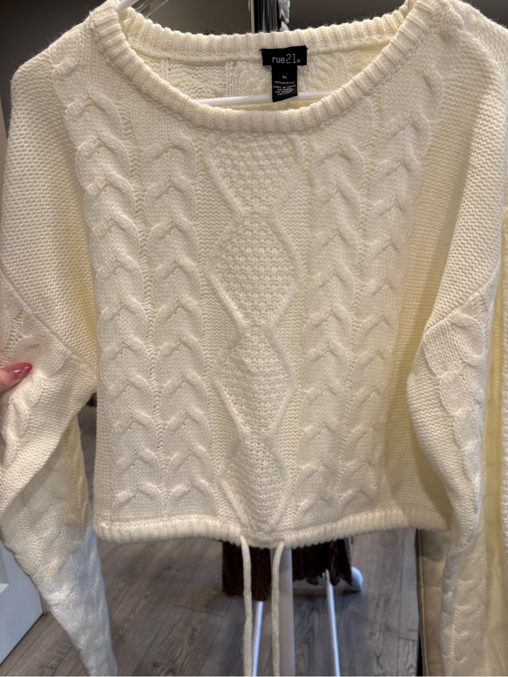 rue21 Ivory Cable Knit Drawstring Crewneck Sweater